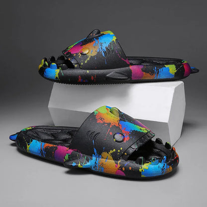 Shark-themed home slippers in EVA material, open-toe design, available in sizes 36-45 and multiple colours