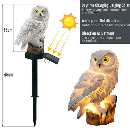 Solar owl garden light with realistic design standing 45cm tall, featuring LED illumination and solar panel