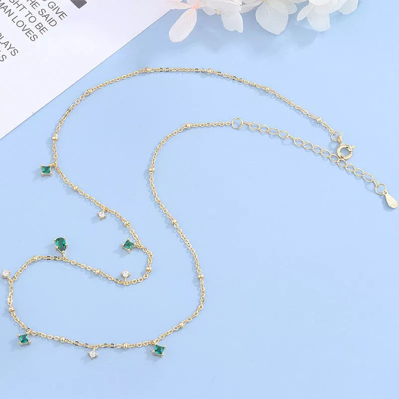 Korean style water drop emerald zircon necklace with sterling silver chain