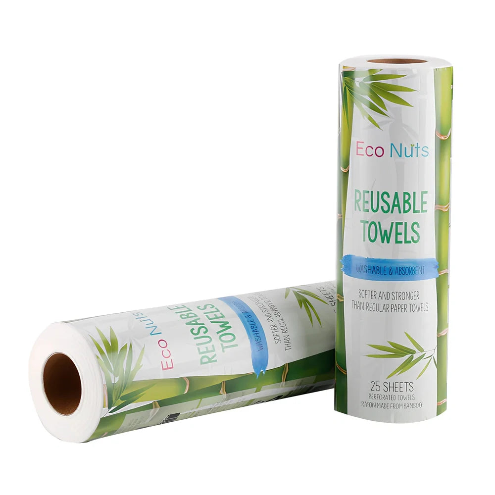 Roll of reusable bamboo paper towels showing thick fibre texture and sustainable packaging
