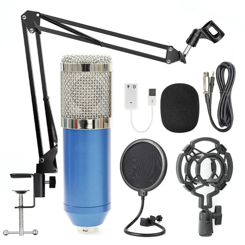 BM-800 condenser microphone stand set with professional recording microphone on desktop