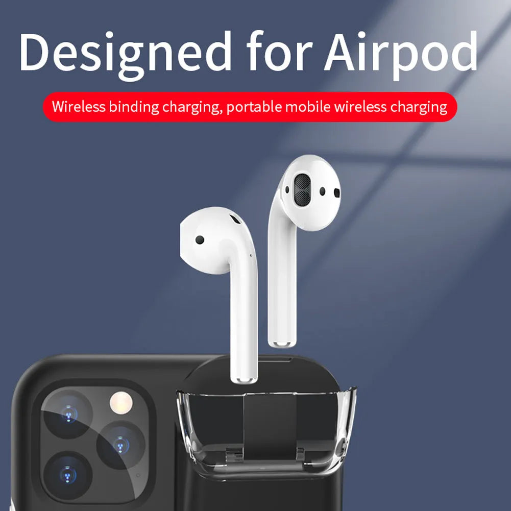 Black matte acrylic and silicone 2-in-1 case holding an iPhone and an AirPods charging case.