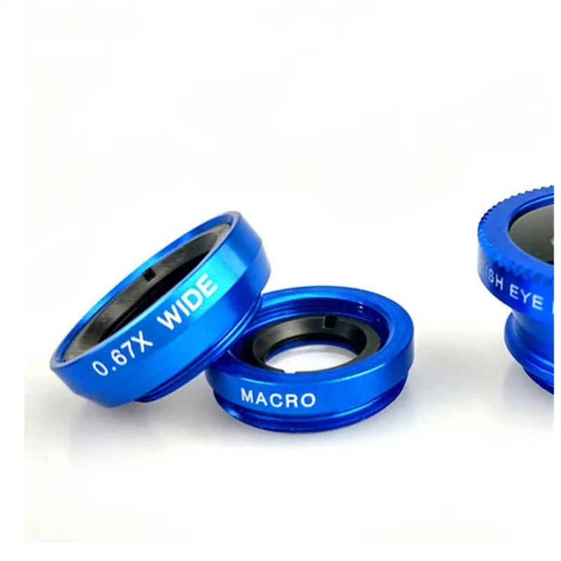 Black 3-in-1 mobile phone camera lens kit showing fisheye, wide angle and macro lenses with a universal clip