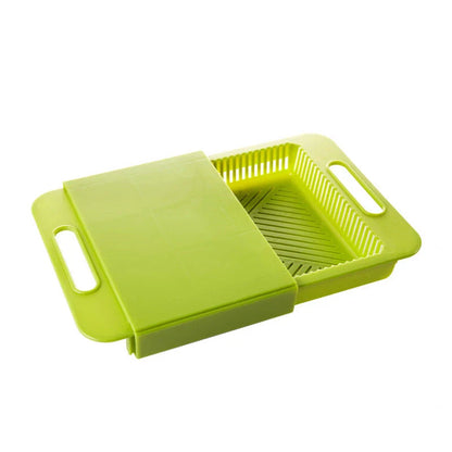 Multifunctional cutting board with integrated strainer and storage tray, made of durable PP material with flexible, rake-shaped body for comfortable chopping