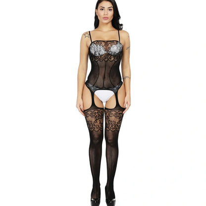 Open crotch body socks in nylon net yarn with lace accents, available in multiple colours