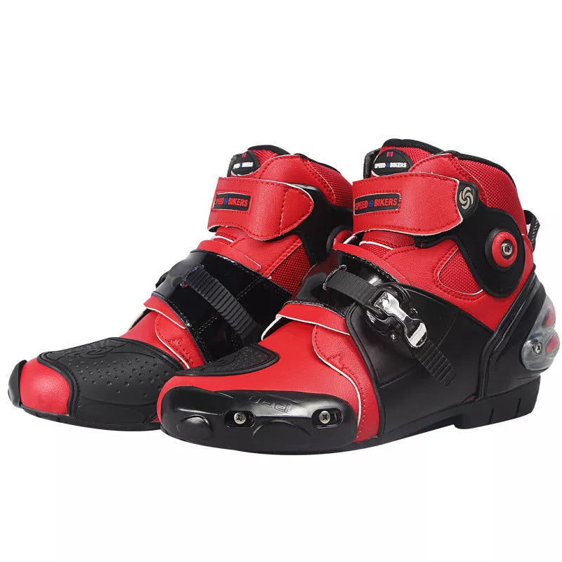 Road motorcycle ankle boots with anti-twist design in red, black, and white