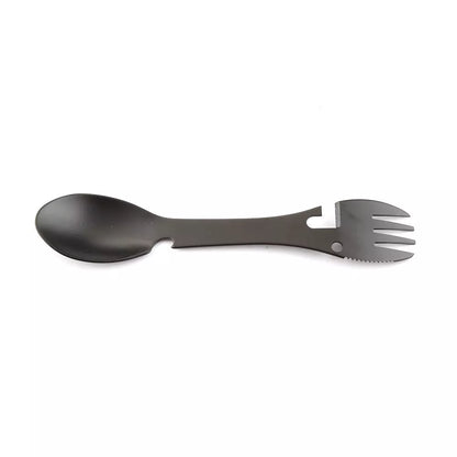 Stainless steel cutlery spoon with five functions: spoon, fork, knife, bottle opener, can opener