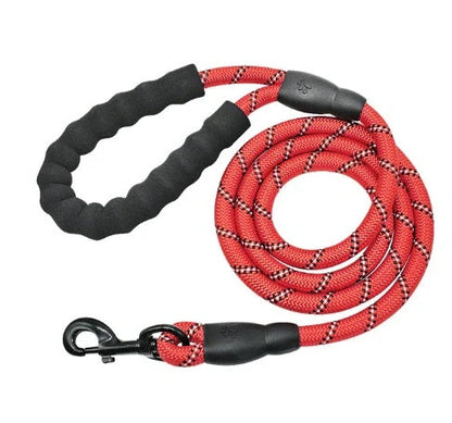 Reflective dog leash with foam handle showing 1.5m length and zinc alloy hook