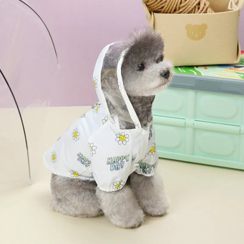 Transparent dog raincoat with two-foot design and pull ring in small flower pattern