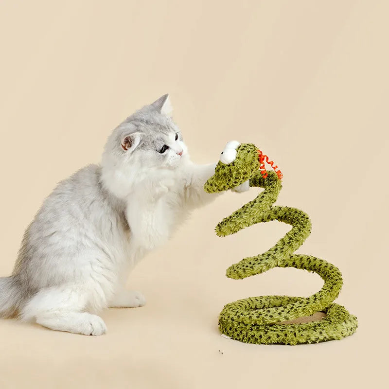 Long green snake cat teasing stick toy with feather end for cat play.