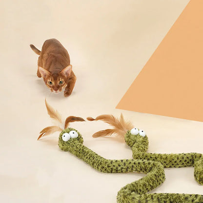 Long green snake cat teasing stick toy with feather end for cat play.