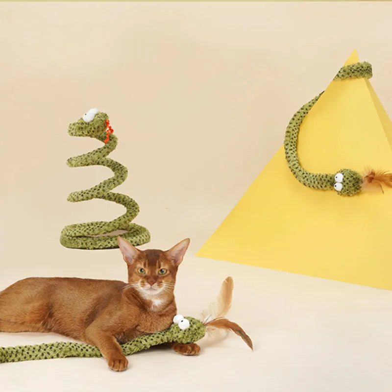 Long green snake cat teasing stick toy with feather end for cat play.