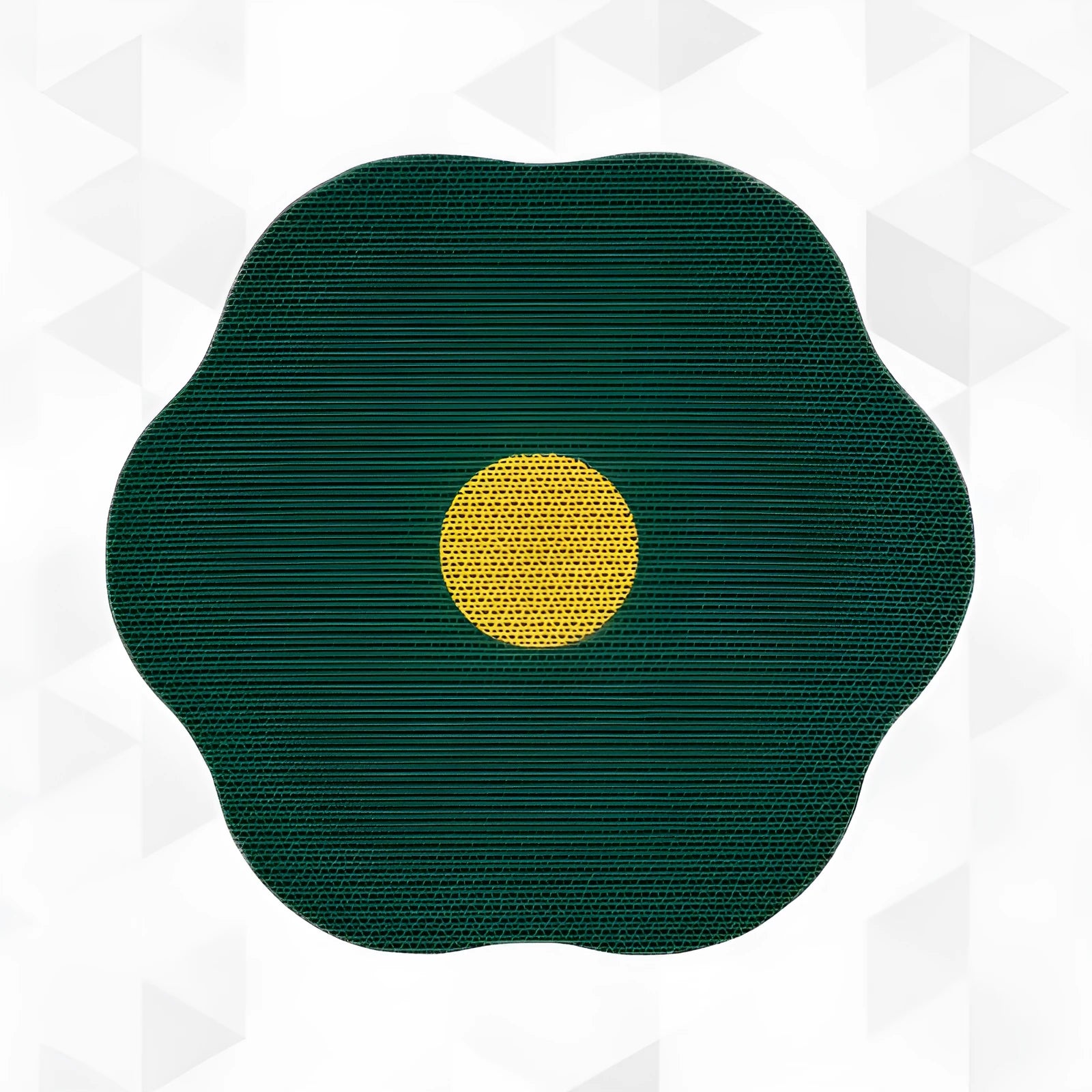 Grey wall-mounted cat scratching board made of corrugated cardboard, mounted on a white door.