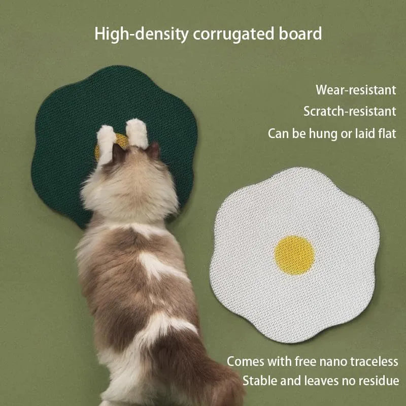 Grey wall-mounted cat scratching board made of corrugated cardboard, mounted on a white door.