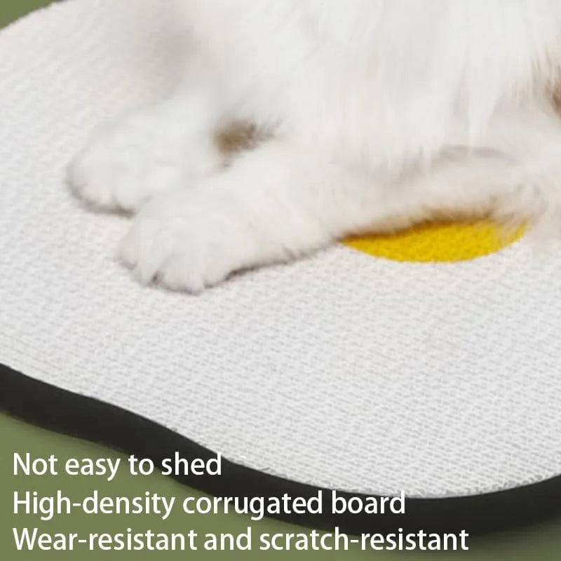 Grey wall-mounted cat scratching board made of corrugated cardboard, mounted on a white door.