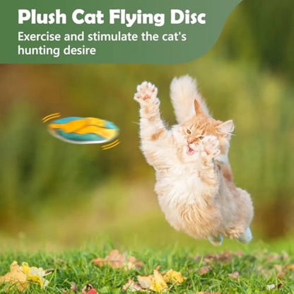 Soft plush cat toy shaped like a flying disc with a sports ball pattern, containing catnip and a crinkle sound layer.