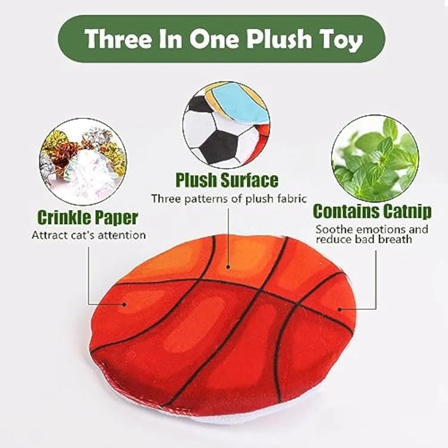 Soft plush cat toy shaped like a flying disc with a sports ball pattern, containing catnip and a crinkle sound layer.