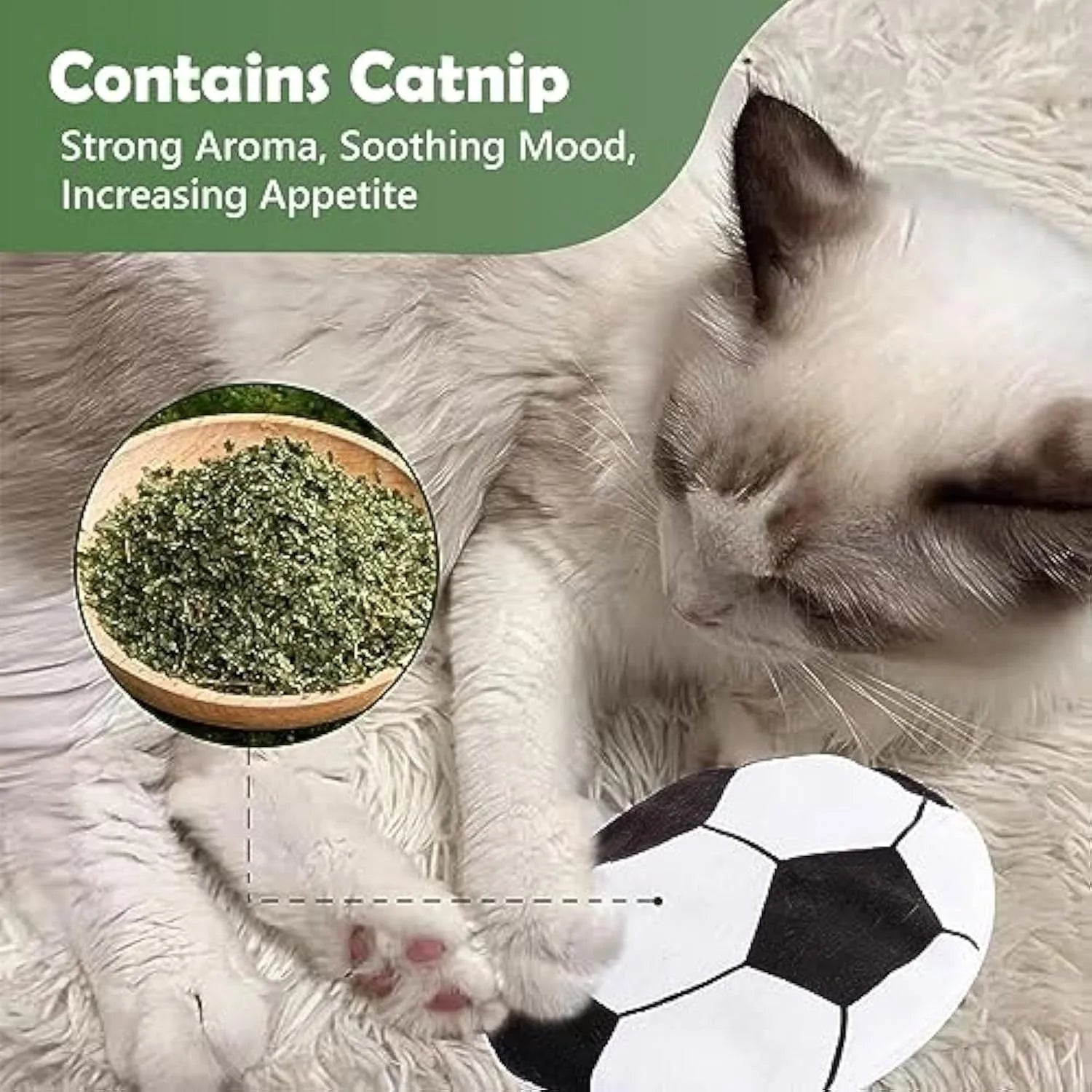 Soft plush cat toy shaped like a flying disc with a sports ball pattern, containing catnip and a crinkle sound layer.