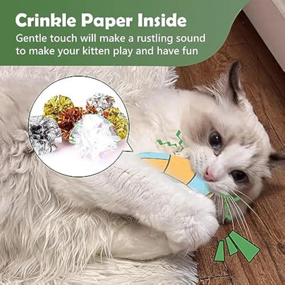 Soft plush cat toy shaped like a flying disc with a sports ball pattern, containing catnip and a crinkle sound layer.