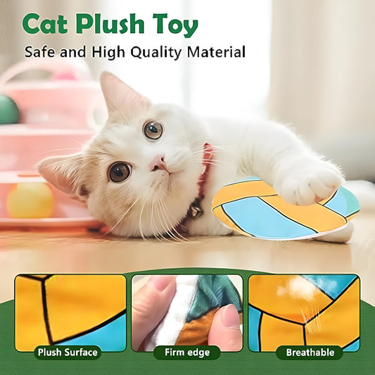 Soft plush cat toy shaped like a flying disc with a sports ball pattern, containing catnip and a crinkle sound layer.