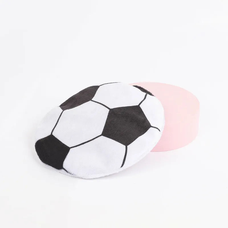 Soft plush cat toy shaped like a flying disc with a sports ball pattern, containing catnip and a crinkle sound layer.