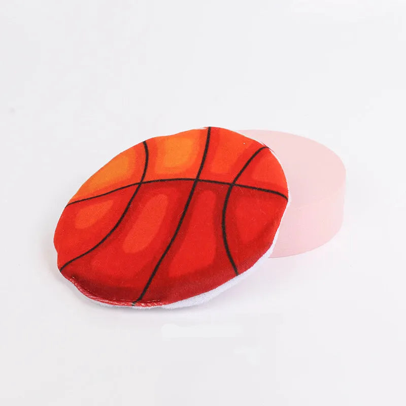 Soft plush cat toy shaped like a flying disc with a sports ball pattern, containing catnip and a crinkle sound layer.
