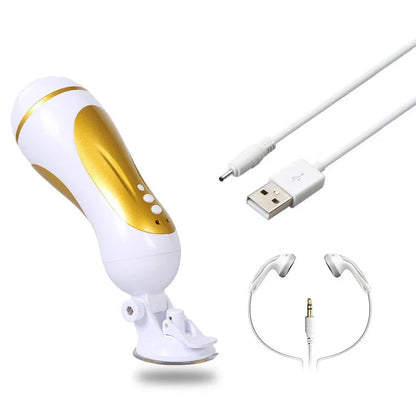 White Hieha electric masturbator with hands-free design and USB charging port