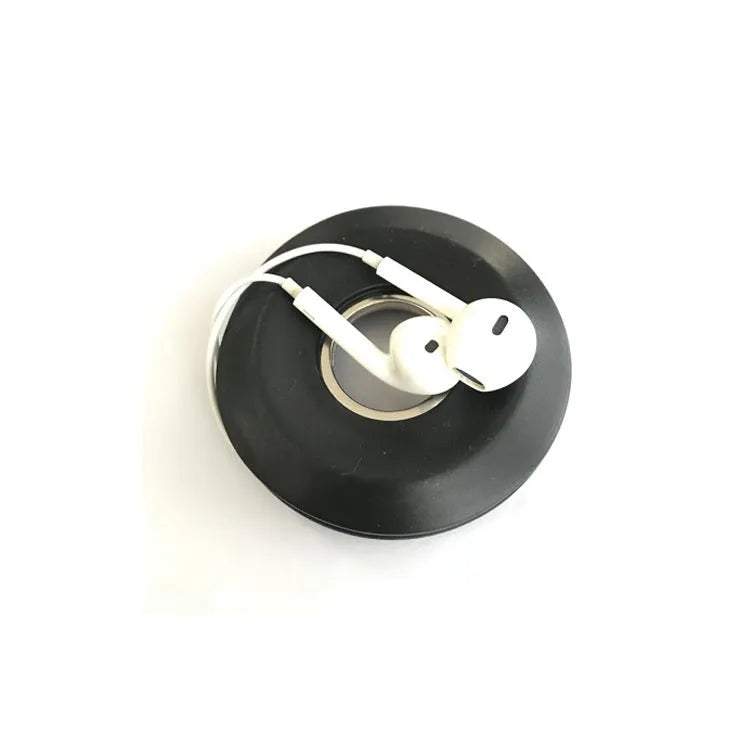 Donut silicone suction cup cord reel with strong magnet ring for mobile phone data cables and earphone cables, available in light grey, green, and dark grey colours, measures 70mm x 17.4mm for elegant winding and soft cable protection.