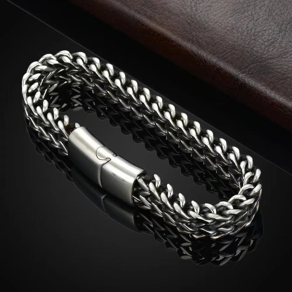 Geometric titanium steel men's bracelet for hip hop style in silver finish