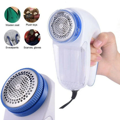 White and blue electric lint remover with stainless steel cutter for fabric pill removal