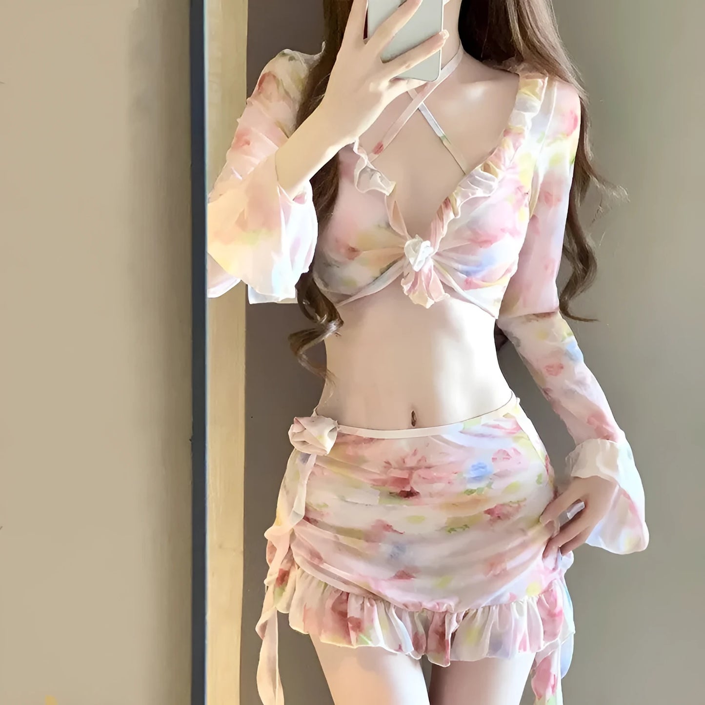 Women's floral bikini set in cherry blossom pink with polyester fabric, sizes S to XL for UK beach or hot spring use