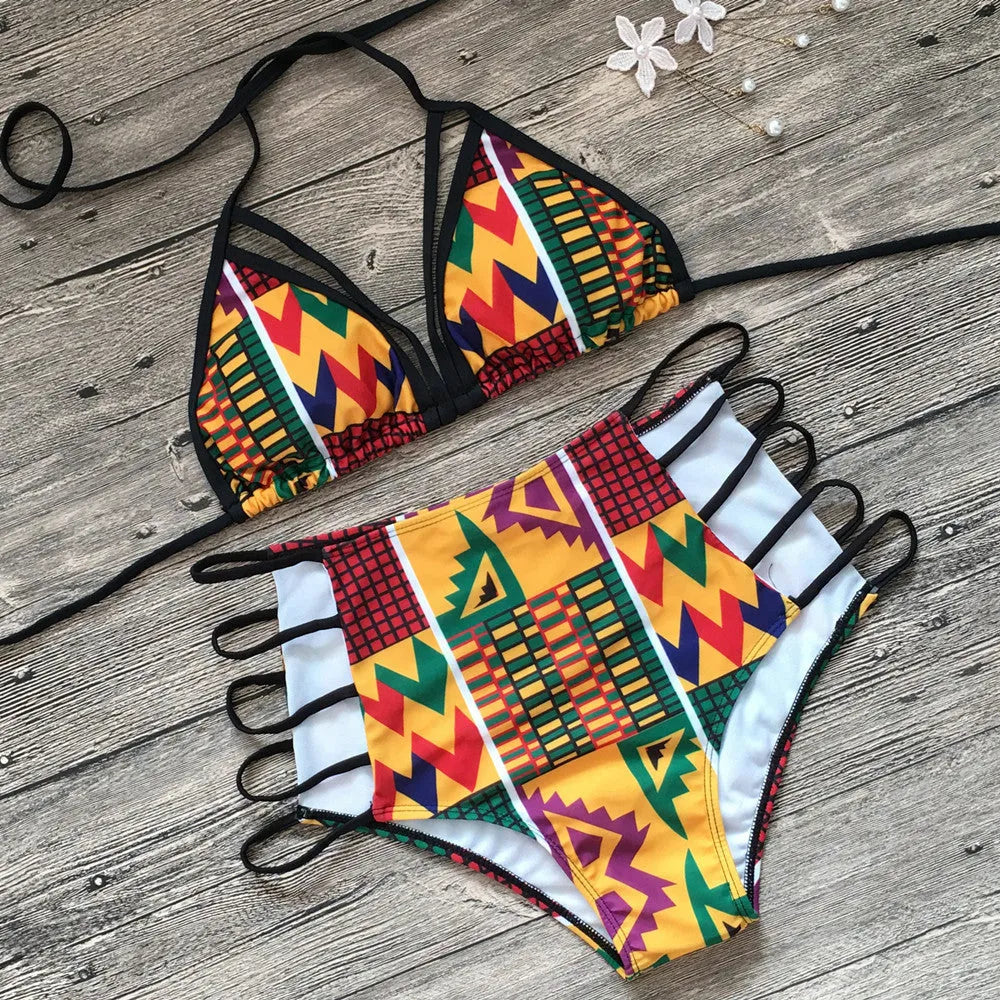 Women's digital print split bikini swimsuit with high-waist briefs and backless design