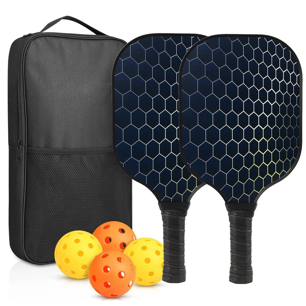 Peak Racket fibreglass squash set showing two rackets and four balls for complete playing equipment