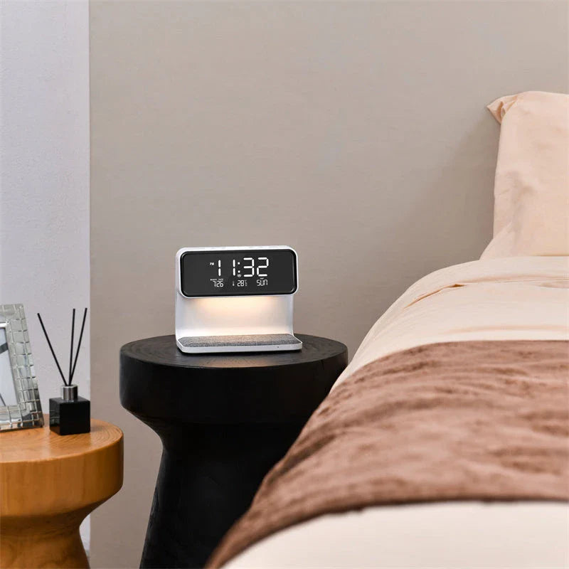 Versatile 3-in-1 bedside lamp with wireless charger, alarm clock, and adjustable LED lighting