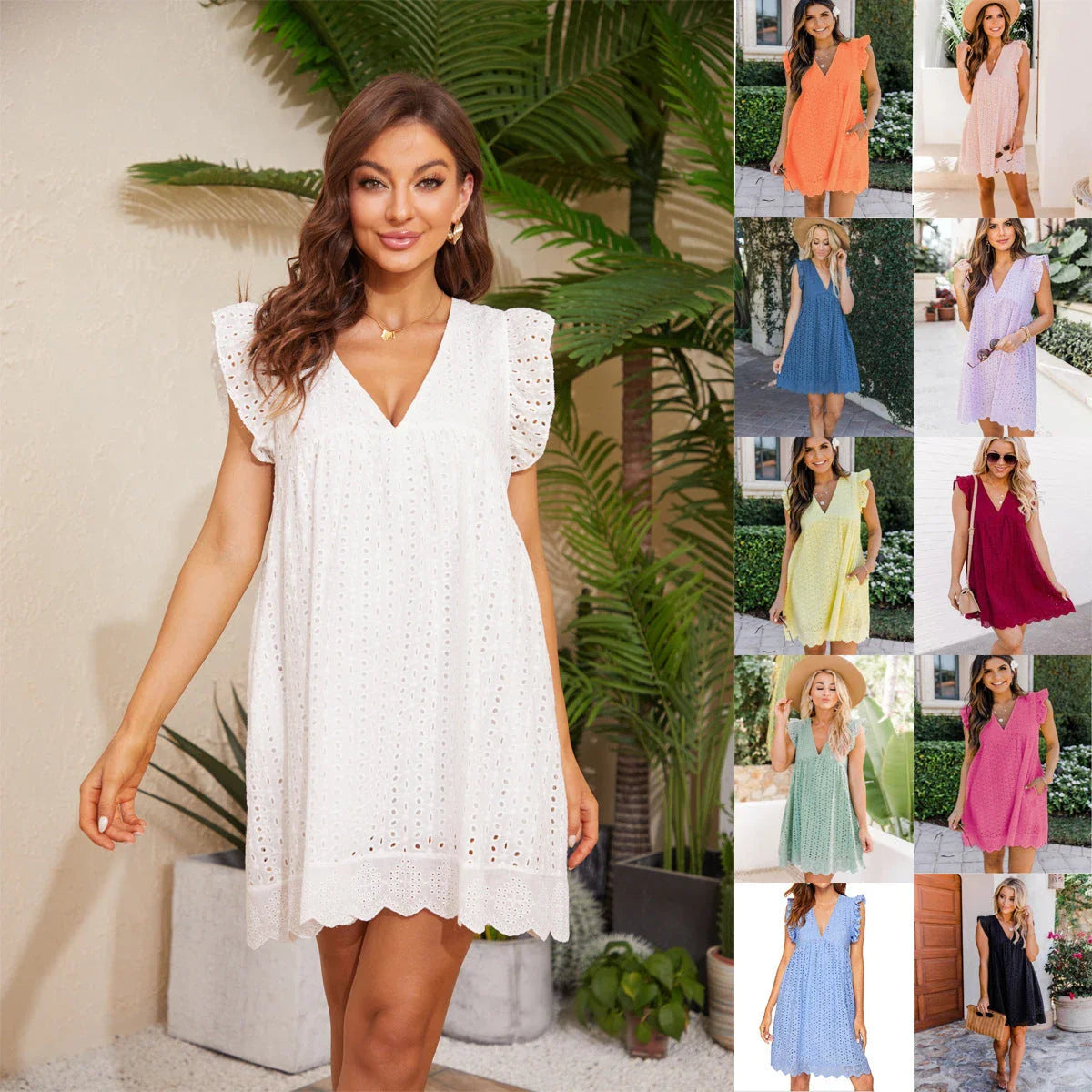 A sleeveless summer dress with a unique jacquard design, lace details, and pockets in various colors