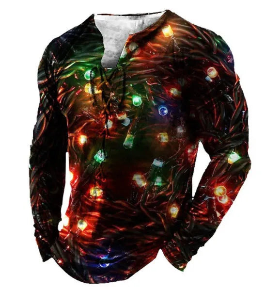 Men's long sleeved printed sports top with U-neck, polyester fibre fabric, sizes S to 4XL