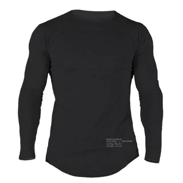Men's long sleeve cotton fitness T-shirt in black, grey, khaki and white, sizes M to 2XL with size chart