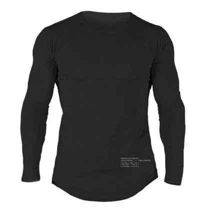 Men's long sleeve cotton fitness T-shirt in black, grey, khaki and white, sizes M to 2XL with size chart