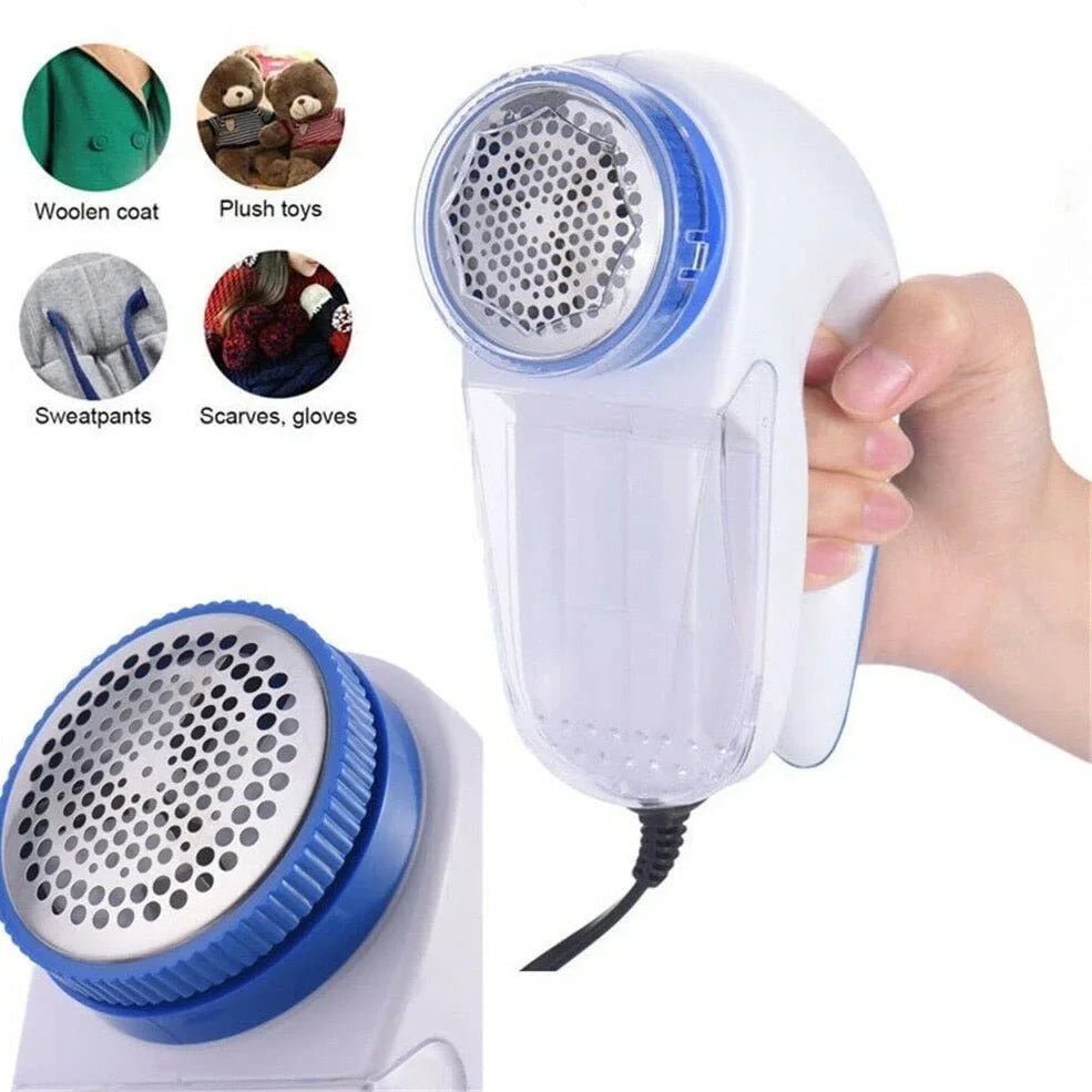 White and blue electric lint remover with stainless steel cutter for fabric pill removal
