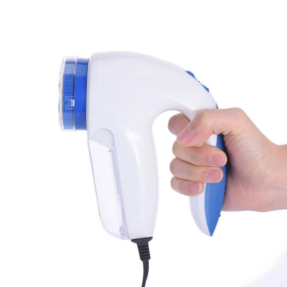 White and blue electric lint remover with stainless steel cutter for fabric pill removal