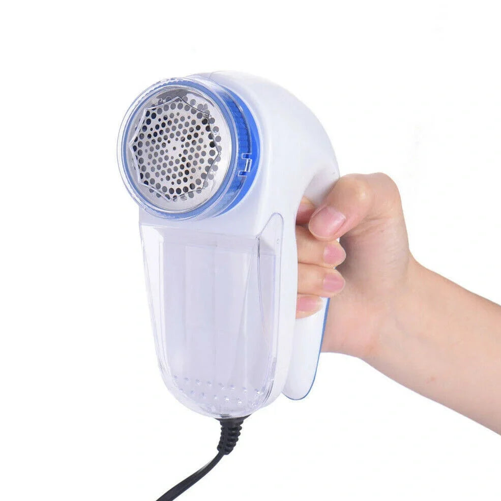White and blue electric lint remover with stainless steel cutter for fabric pill removal