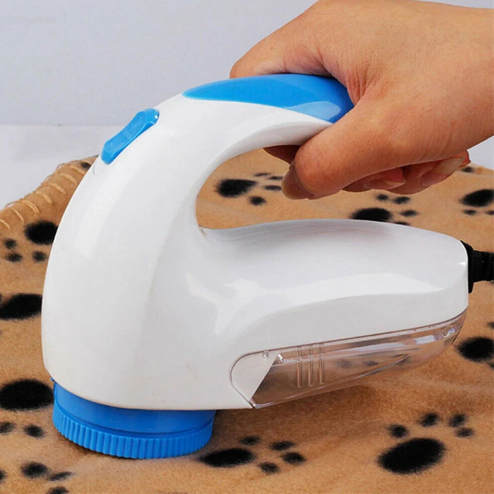 White and blue electric lint remover with stainless steel cutter for fabric pill removal
