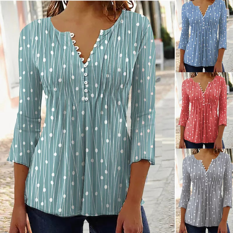 V-neck long sleeve blouse in striped or plaid design, available in multiple colors