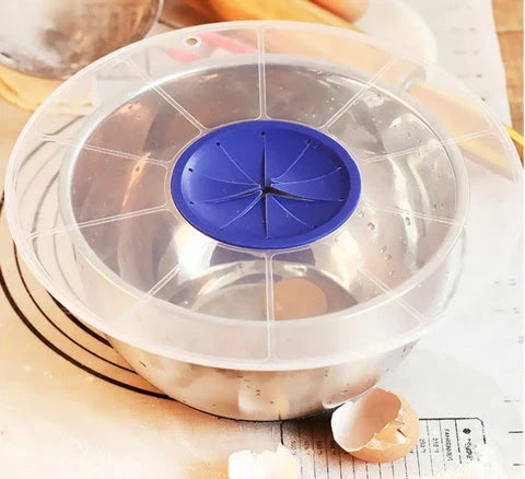 Splash-proof mixing bowl cover with flap for stand mixers to prevent kitchen messes during baking and cooking