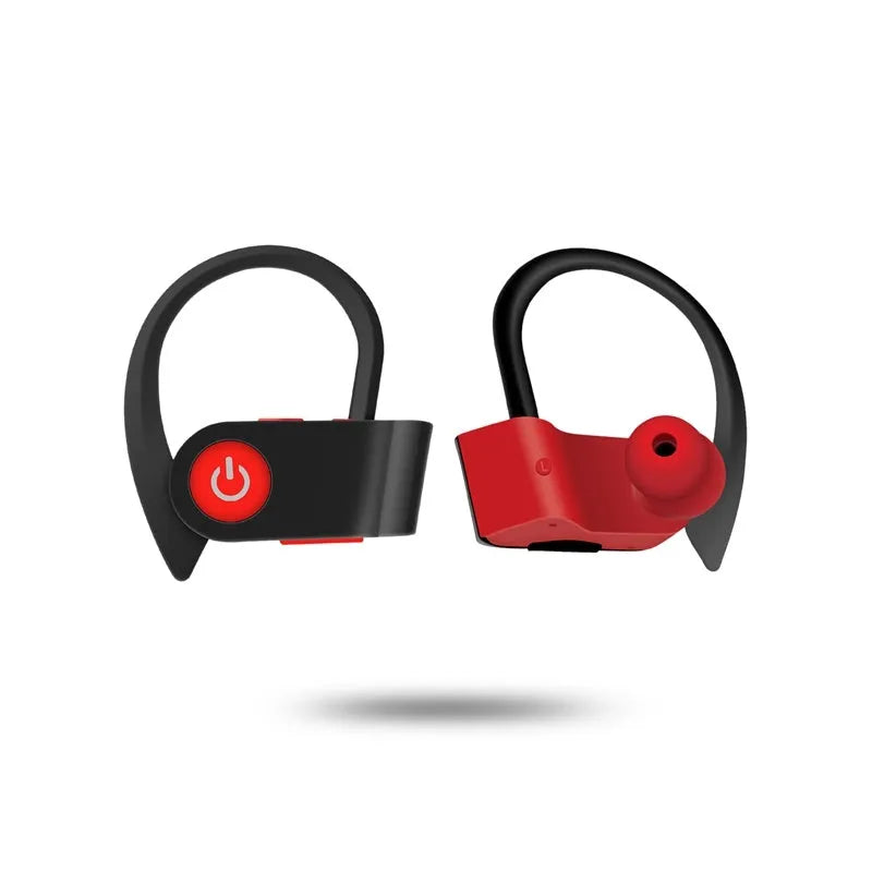 Black wireless Bluetooth earphones showing ergonomic design and LED indicator lights