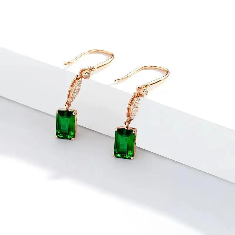 Pair of green tourmaline earrings for women with square geometric shape and copper setting