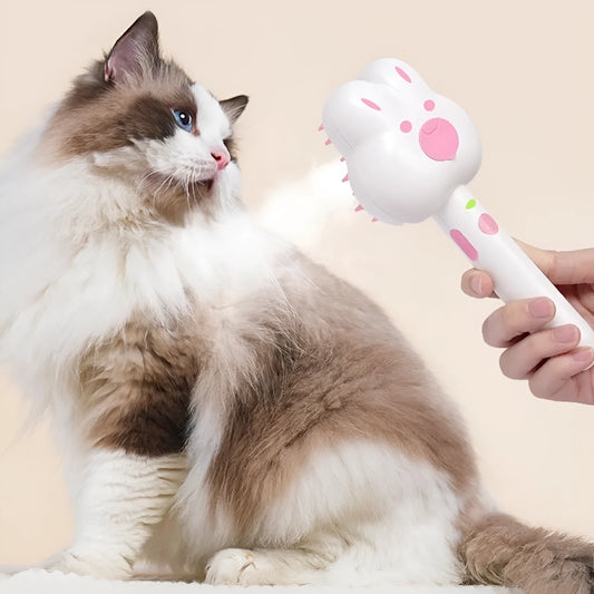 Rechargeable cat grooming comb with steam function in cartoon design, showing long handle and brush head