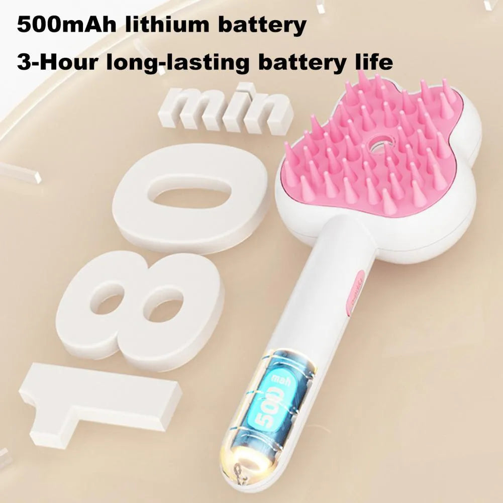 Rechargeable cat grooming comb with steam function in cartoon design, showing long handle and brush head
