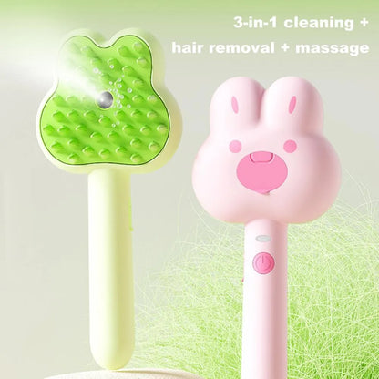 Rechargeable cat grooming comb with steam function in cartoon design, showing long handle and brush head