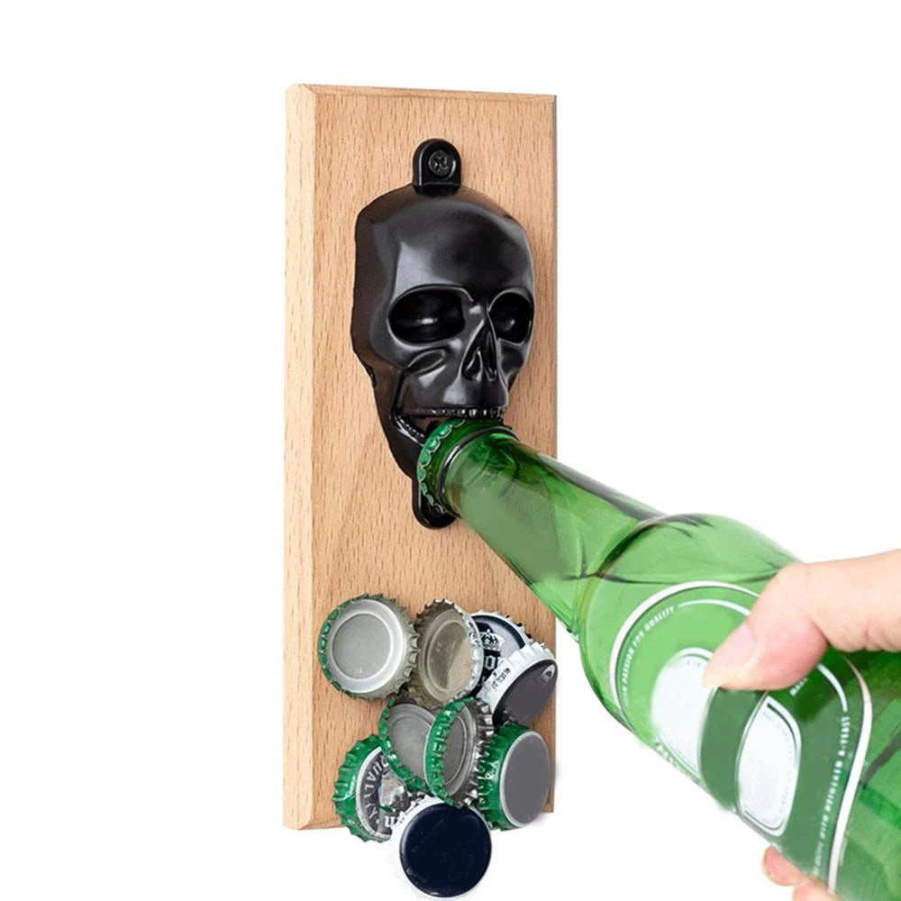 Stylish skeleton-shaped magnetic bottle opener with sleek black finish and solid wood base